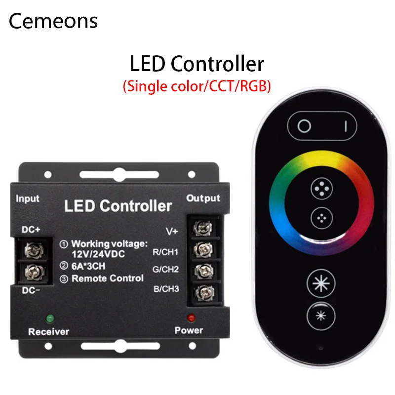 

LED Controller DC12-24V LED Strip Light RF Touch Remote Controller for SMD COB Single Color CCT RGB Strip Adjust Brightness