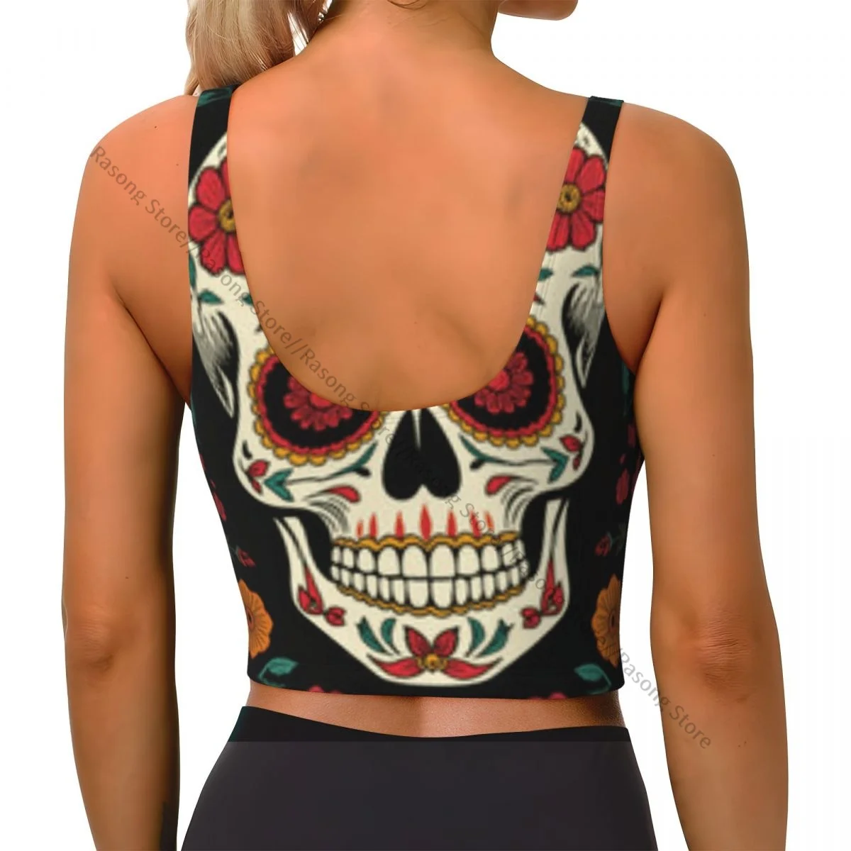 Yoga Vest Women Gym Sports Crop Tops Colorful Floral Sugar Skull Day Of Dead Streetwear Workout Breathable Tank Top Female