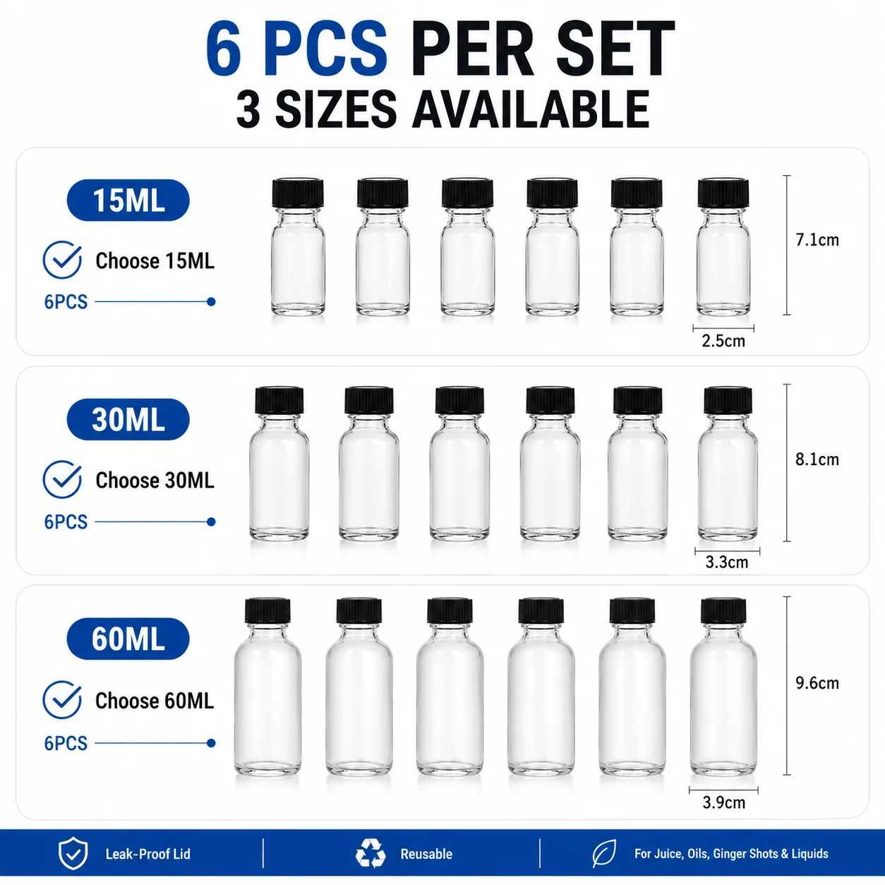 6PCS Small Clear Glass Bottles With Lids Glass Containers Round Sample Bottles For Juice, Oils, Ginger Shots, Whiskey, Liquids