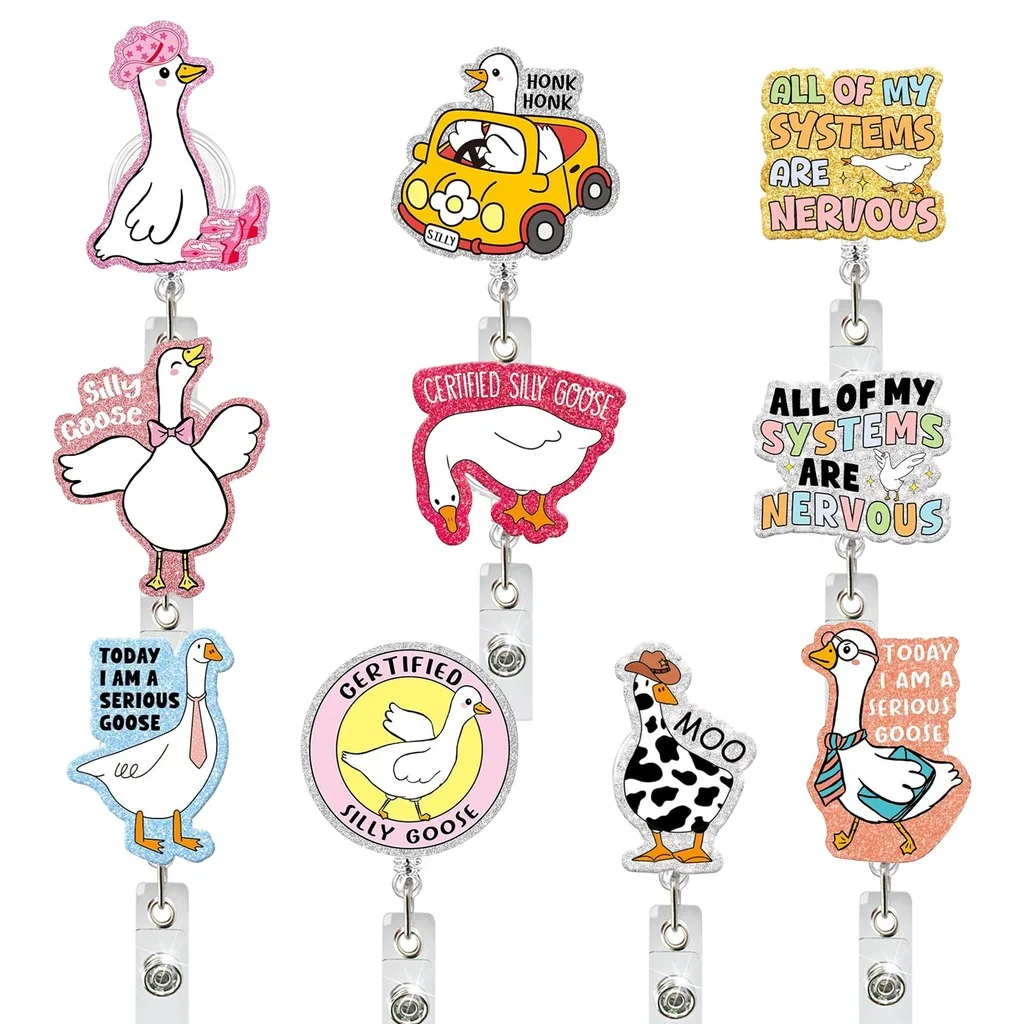 Retractable Acrylic ID Badge Reel, Funny Cute Goose Pattern Retractable Badge Holder With Metal Clip For Nurse Teacher
