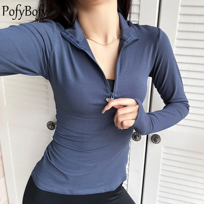 

PofyBofy Half Zipper Thumb Hole Stand Collar Slimming Elastic Long Sleeves Women Sport Jacket Yoga Gym Sportwear Quick Dry Coat