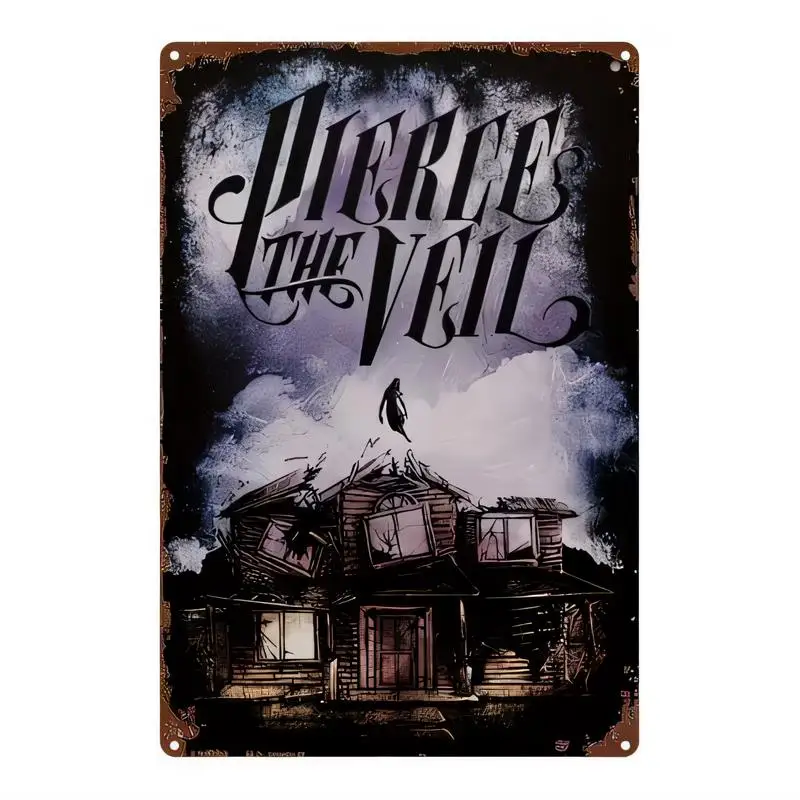 Vintage Metal Tin Sign - Pierce the Veil Haunted House Dark Art, Retro Iron Wall Decor for Music Lovers, Gothic Style, Perfect f