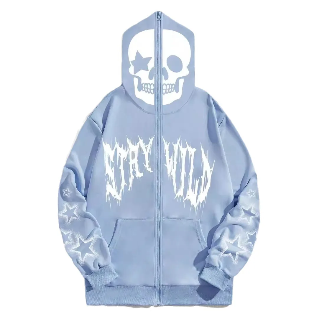 2024 European and American fashion new sweatshirt loose hooded printed skull star printed zipper jacket hoodies women