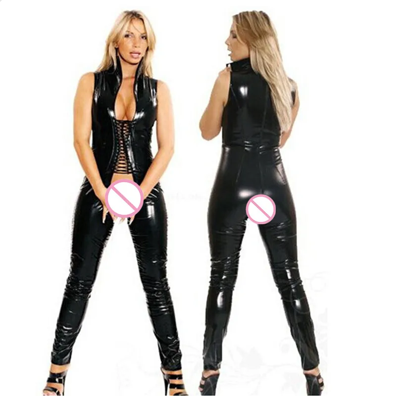 

Black PVC Patent Leather Sexy Sleeveless Open Crotch Jumpsuit Night Club Bar DS Show Temptation Game Uniform