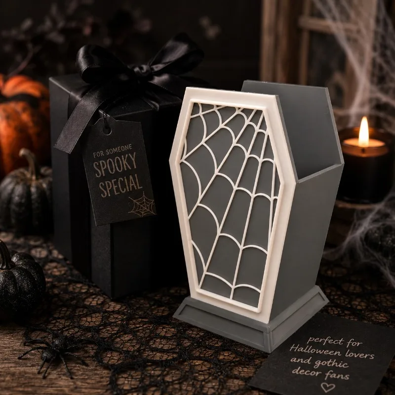 3D Printed Coffin Spider Web Pen Holder Gothic Makeup Brush Organizer Halloween Desktop Storage Box Decor Gift