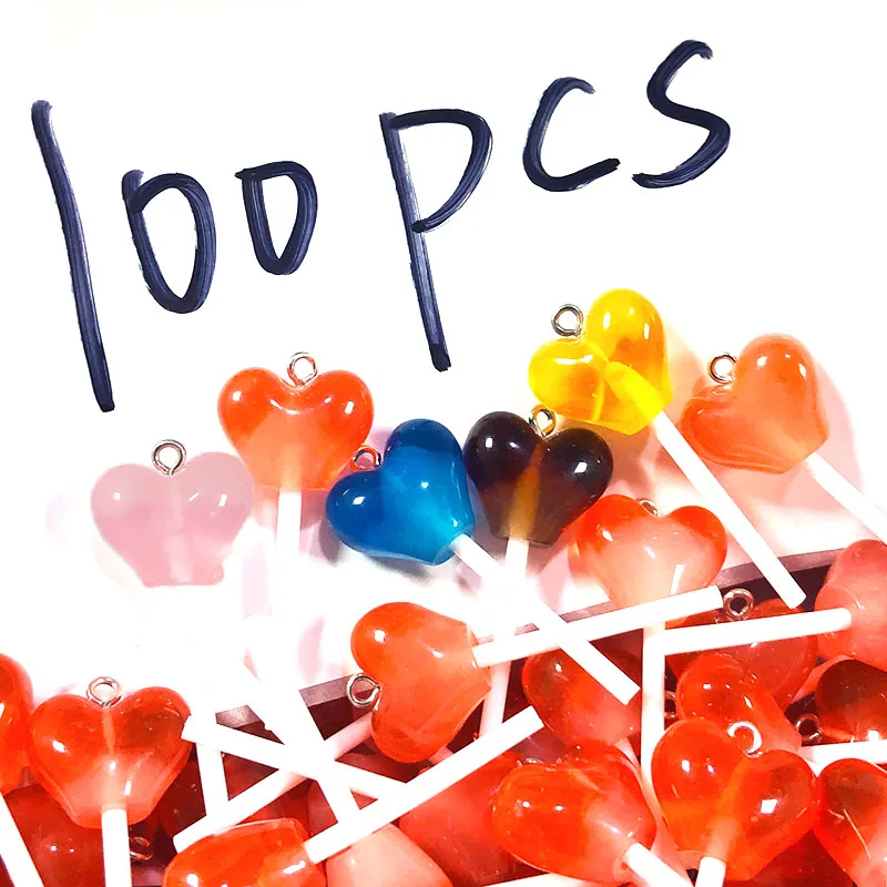 

100pcs/Pack Bulk Wholesale Mix Hearts Lollipop Resin Charms Cute Simulation Mini Lollypop Candy Earring Pendant Diy Jewelry