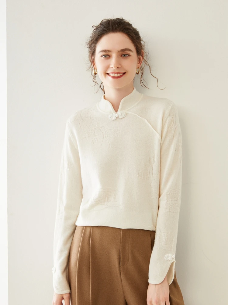 

New Chinese Style Standing Collar 100% Cashmere Knitwear Pullover Sweater For Women Solid Color Jacquard Sweaters Elegant Luxury