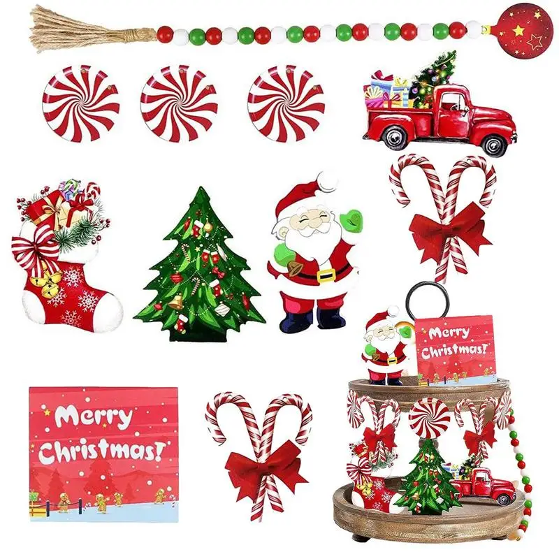 Christmas Tiered Tray Decor Christmas Tree Santa Candy Cane Wooden Sign Tray Winter Themed Party Supplies Christmas decoration