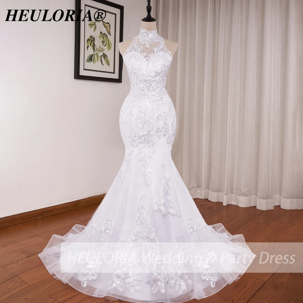 

HEULORIA mermaid wedding dress high neck lace beading bride dress long train Robe de mariage