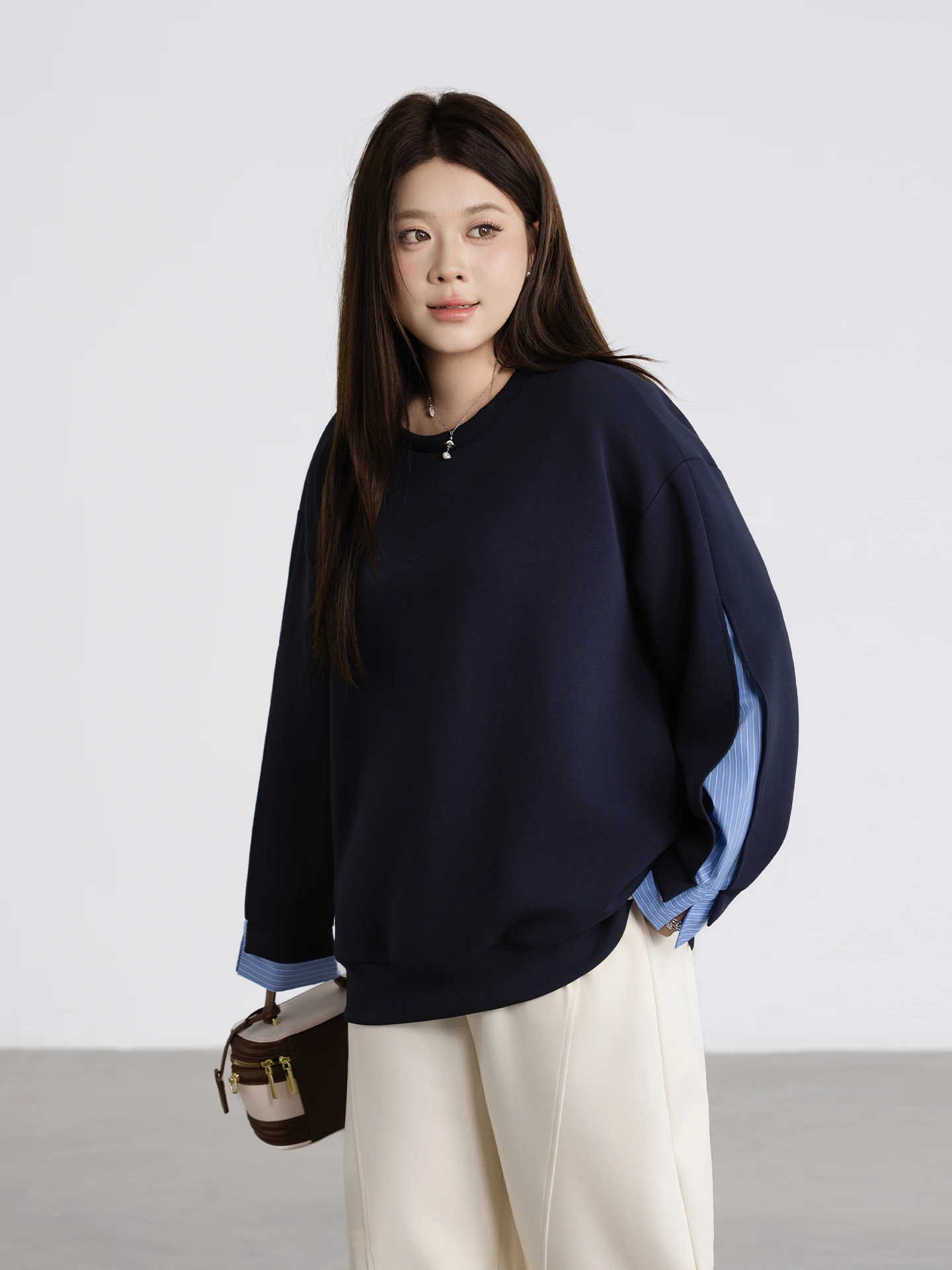 

plus Size Women's Patchwork Air Layer Sweatirt Spring New Loose Casual round Ne Top High Waist Cotton Polyester Spandex
