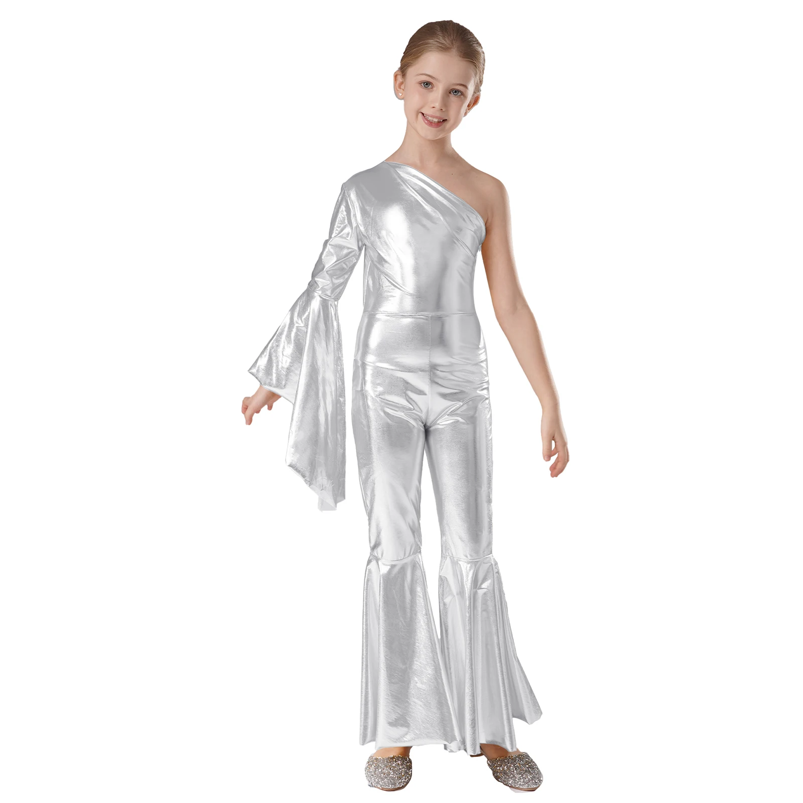 Kids Girls Metallic Shiny Bell-Bottom Jumpsuit Retro Disco Cheerleading Jazz Dance Clothes Theme Party Carnival Cosplay Costume