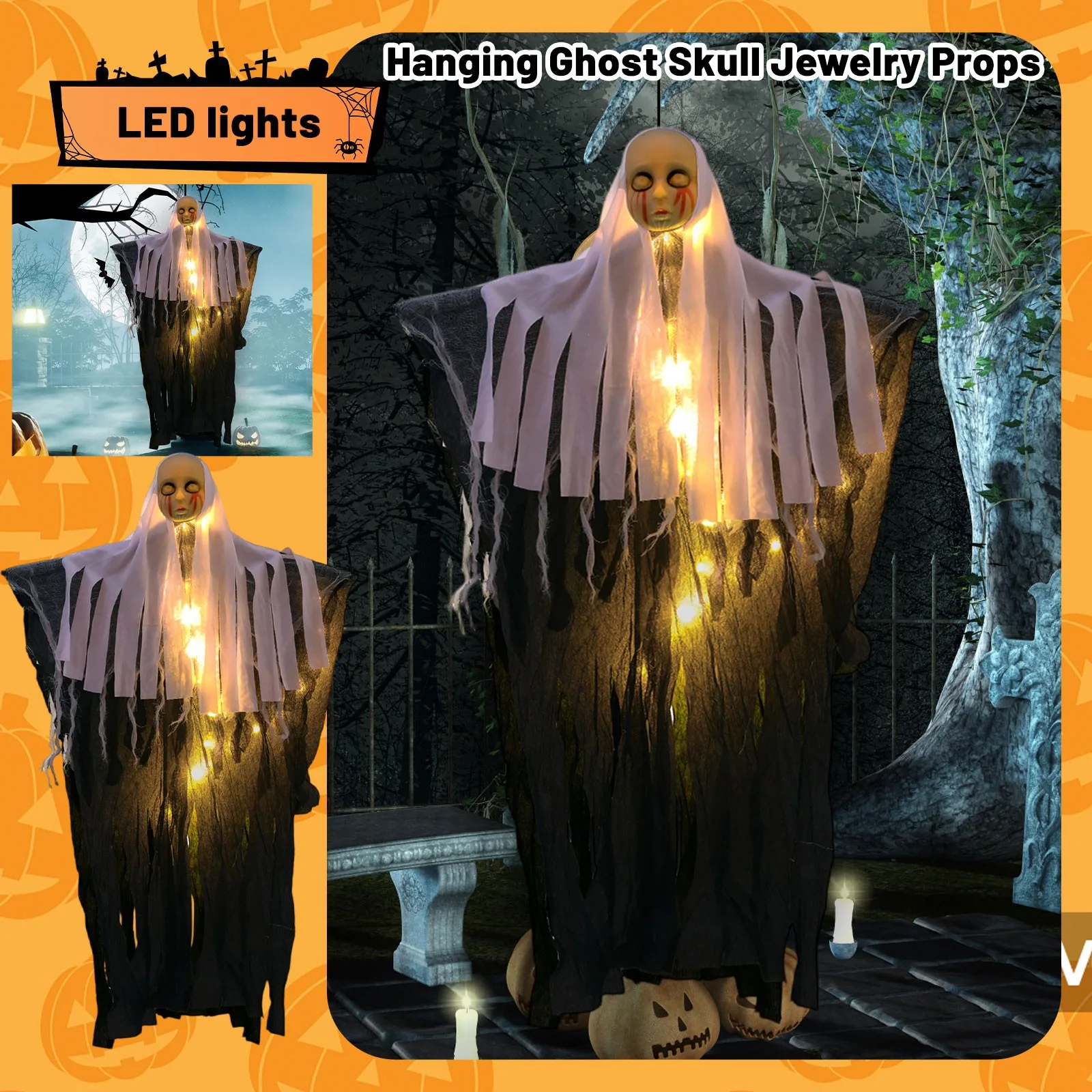 Halloween LED-Hängegeister-Skelett-Dekorationen, leuchtende Sensenmann-Schädel-Ornamente, gruselige fliegende Geisterlichter für Zuhause – Detail 9