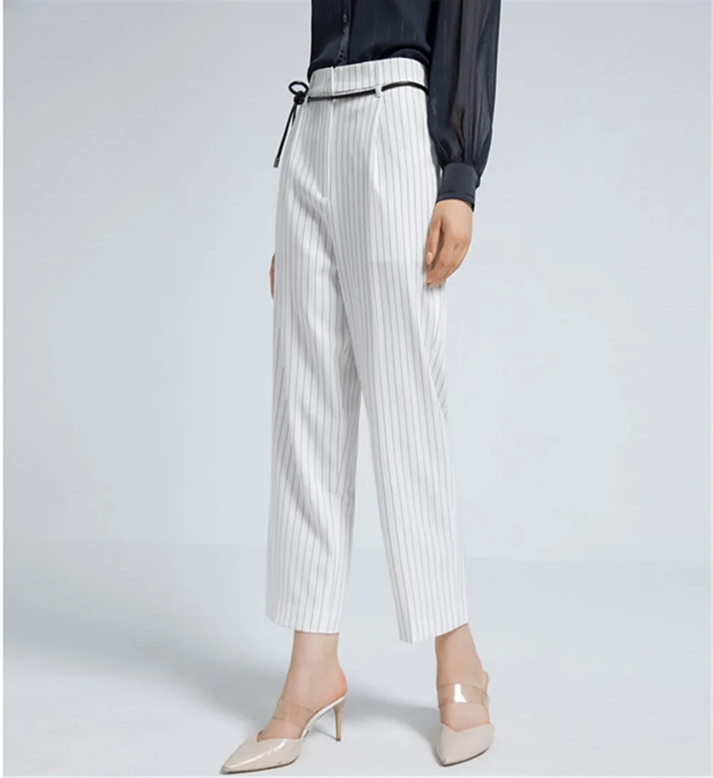 Pantalones a rayas informales para mujer, cintura alta, cinturón de temperamento fino, pantalones Harun rectos, Primavera, nuevo, 2024