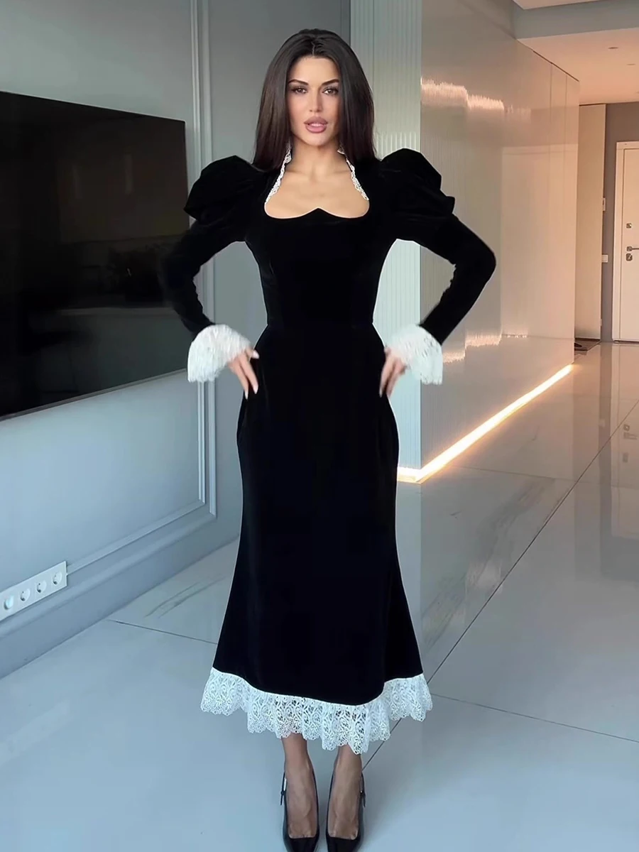 Elegant Velvet Mermaid Dress Patchwork Lace Cuff Women Slim Long Dress 2026  High Waist Lady Robe Party Club Black Evening Gown - AliExpress 200000345