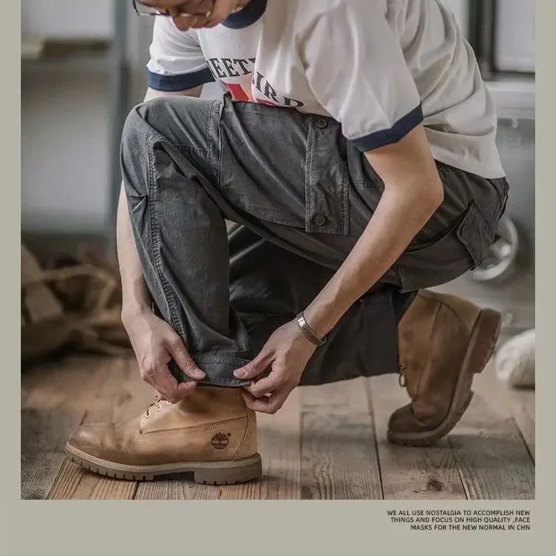 2025 Men's Spring and Summer Button Retro Multi Pocket Cargo Pants Japanese Washed And Worn Loose Industrial Casual Pants