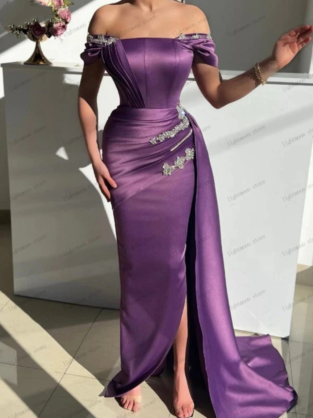 Classic Evening Dresses Off The Shoulder Prom Dress Beading Appliques Floor Length Sheath Mermaid Appliques vestidos de noche