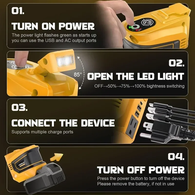 Onduleur pour batterie Dewalt 20V, 200W, DC 20V à AC 110-120V, Générateur de centrale électrique portable