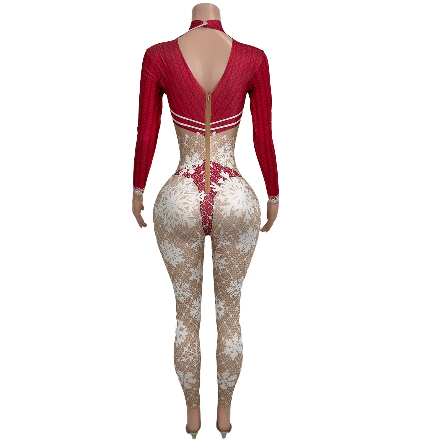Christmas Snowflake Printing Tight Fitting Jumpsuit Festival Celebrate Stage Performance Dress-up Outfit Dance Show Sexy Wear - Image 4