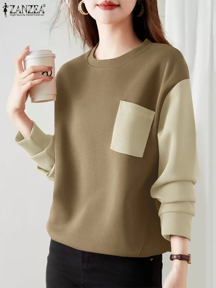 ZANZEA Long Sleeve 2024 Fall Sweatshirts Women Korean Fashion Color Block Patchwork Drop-shoulder Pullovers Loose Casual Hoodies