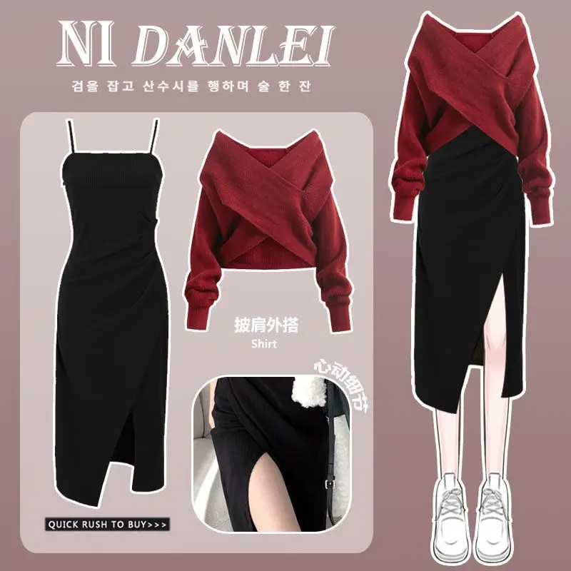 Women Dress 2 Piece Sets Strap Vintage Dresses Long Sleeve Tops Female Outfits New Spring Fall