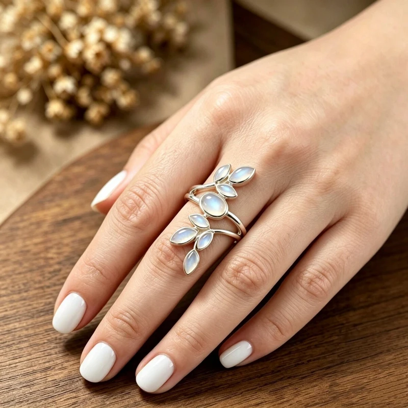 Boho Vintage Leaf Branch Moonstone Ring Silver Color Gemstone Statement Rings For Women Daily Party Jewelry Wedding Gift For Her