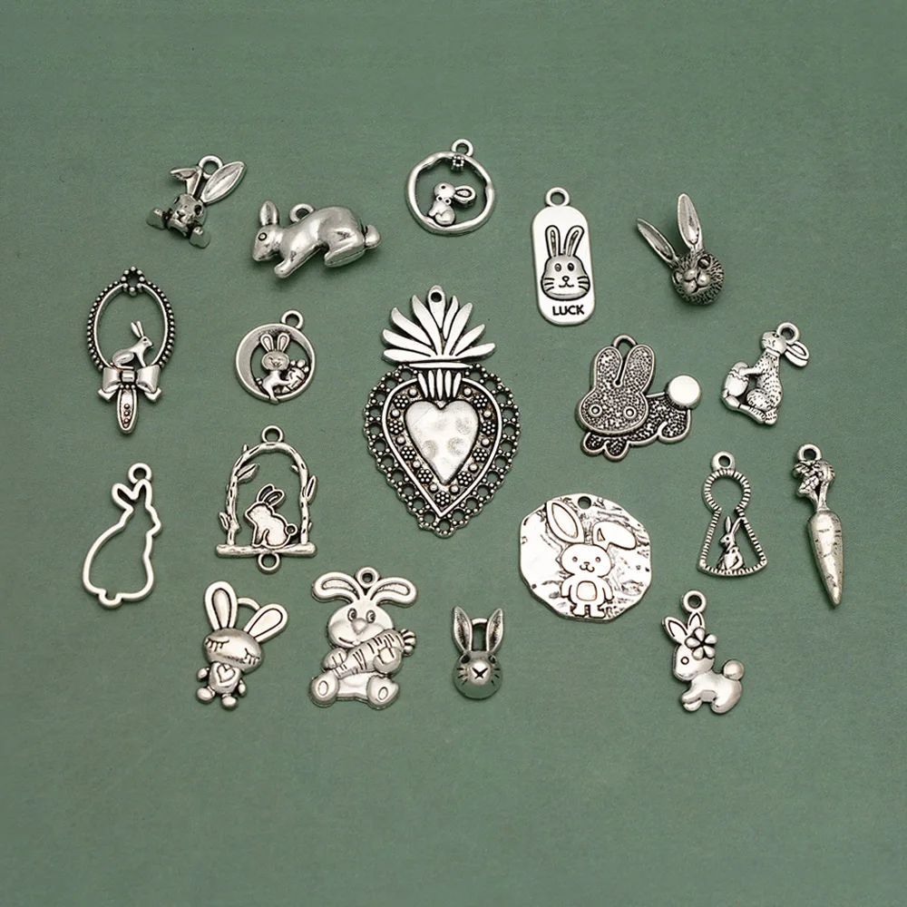 Antique Silver Plated Bunny Easter Charms Rabbit Pendants For Jewelry Making Supplies Diy Keychain Earrings Necklace Bracelets