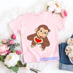 2024 Kawaii Curious George T-Shirt kreskówka wydruk graficzny małpa T-Shirt letnie koszulki dziewczęce koszulki różowe bluzki z krótkim rękawem