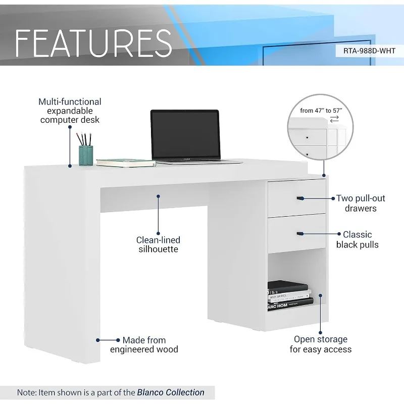 Bureau extensible avec étagère ouverte, bureau d'ordinateur blanc avec imprimante, proximité de stockage, wers, extensible de 47 pouces à 57 pouces