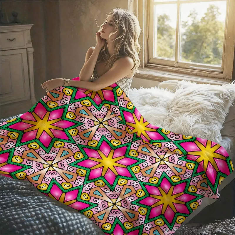 Geometric Mandala Pink Green Flannel Blanket Perfect for Sofa Office Bed Travel Sleep Read Relax Camping Four Season Use