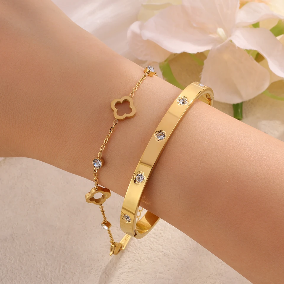 Rakol 2pcs Exquisite Luxury Four-leaf Clover Bracelet Set With Rhinestones, Suitable For Women's Dating Party Jewelry