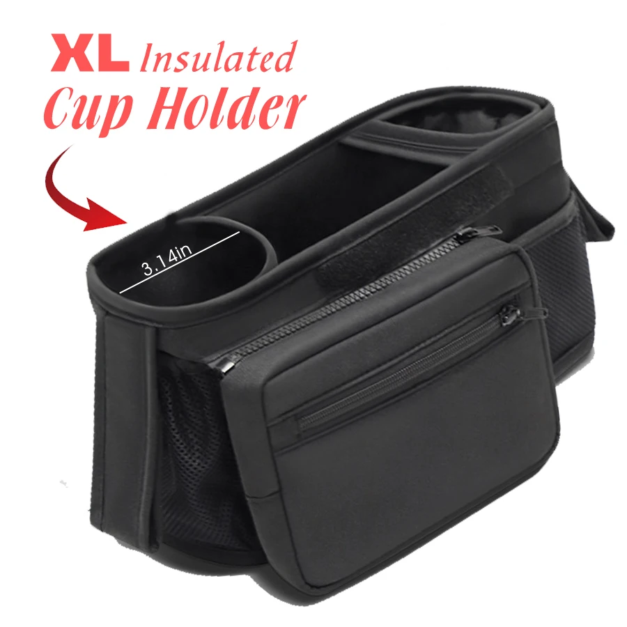 Baby Stroller Organizer with 2 Insulated Cup Holder Detachable Zippered Pocket & Adjustable Shoulder Strap, Universal Stroller