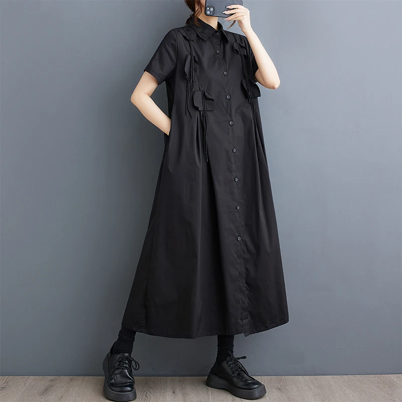 Summer Loose Large Size Patchwork Casual Commute ort Sve irt Dr Korean Sle A-Line Skirt  Knot Single Button