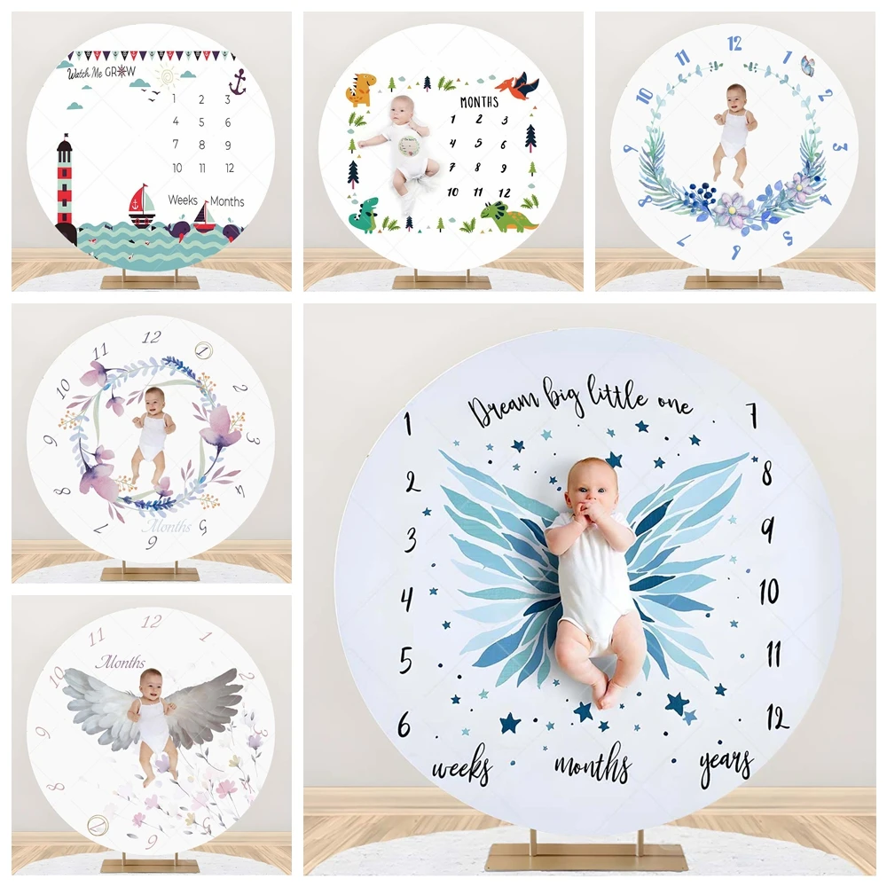 Round Photography Background Custom Cartoon Calendar Clock Dial Pattern Infant Milestone Baby Shower Party Decoration Background