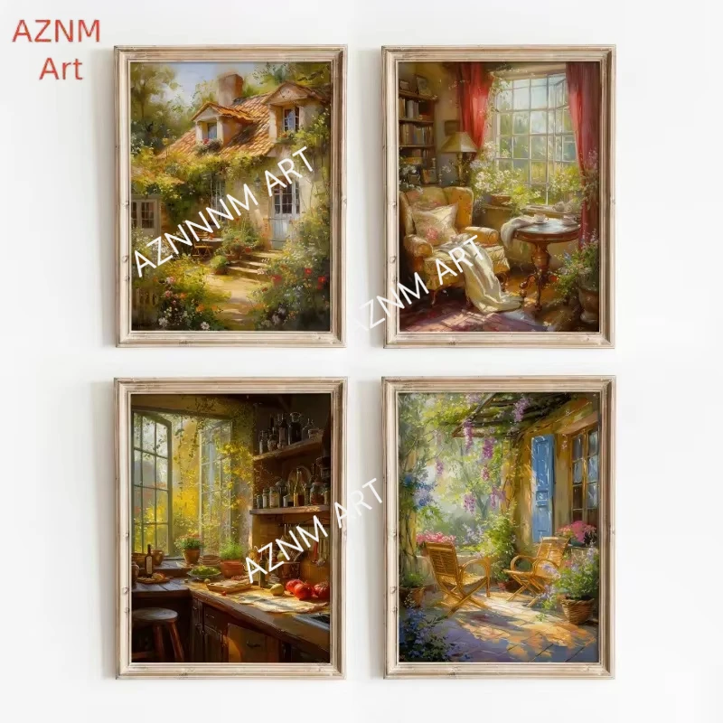 Vintage Rural Cottage Landscape Flower Plant Poster Print Canvas Painting Wall Art for English Living Room Home Decor Mural
