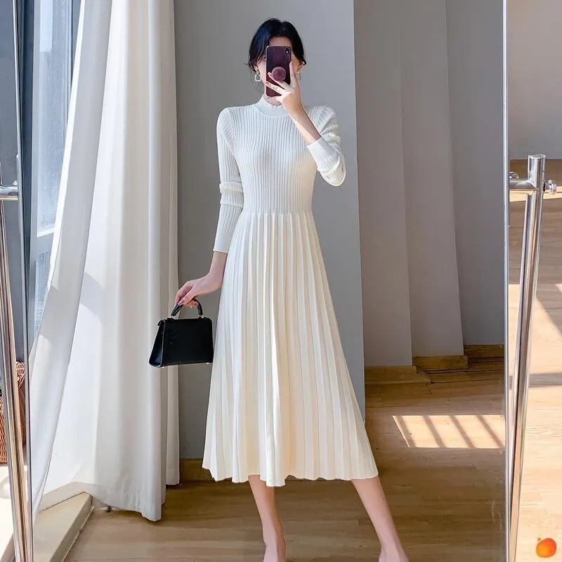 Vestido de malha com casaco para mulheres no outono e inverno, gola meio alta, comprimento médio, acima do joelho, camada interna, linha A de lã