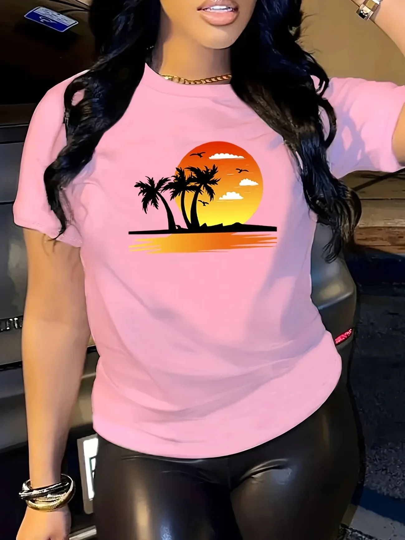 Women's Tropical Sunset Palm Tree Print T-Shirt Red Casual Short Sleeve Summer Top Short Sleeve Tee Free Shipping Cheap Clothes