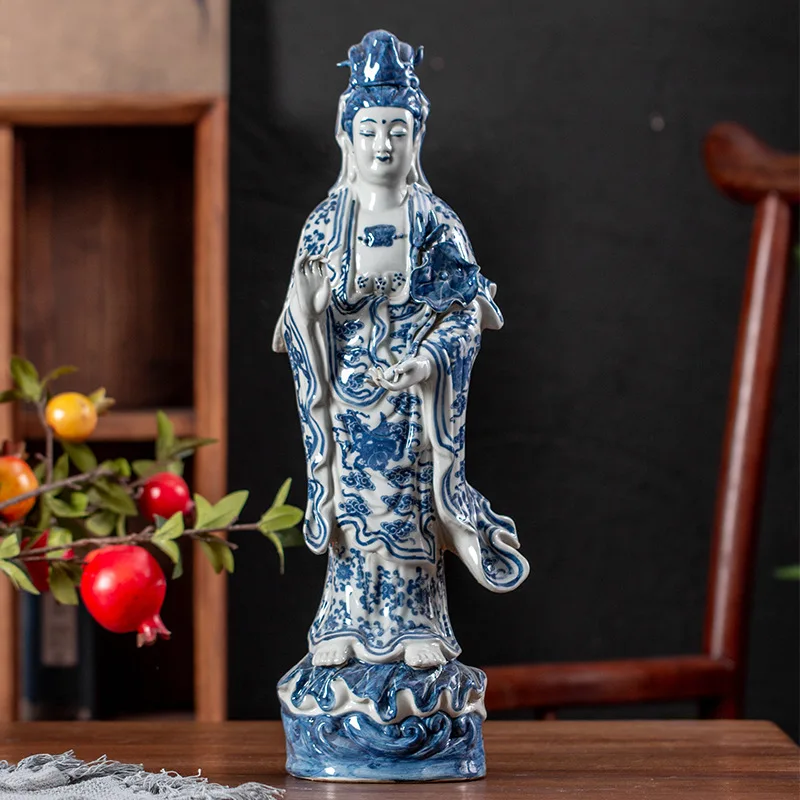 Ancient Nanhai Guanyin Buddha Statue, Large Ceramic Goddess Figurine, Vintage Desktop Ornament for Home Decor