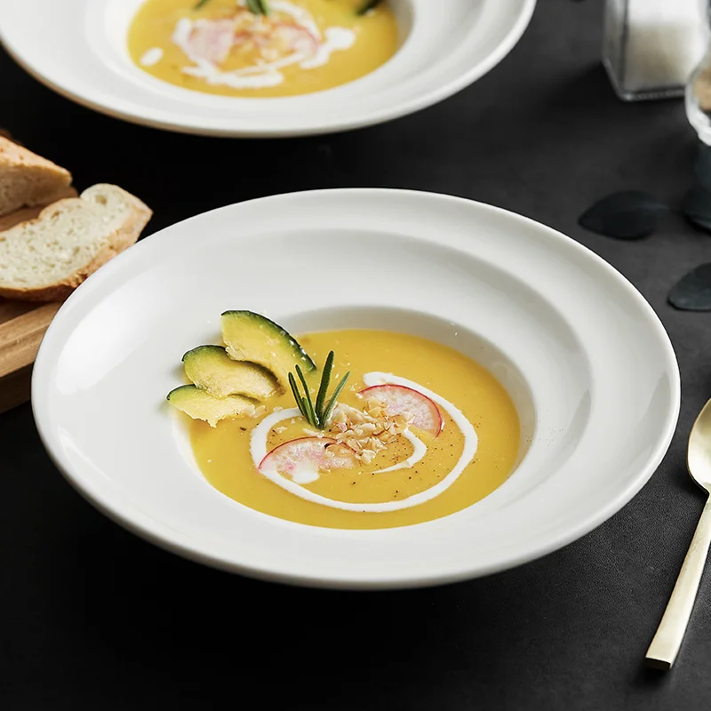 Creative Ribbed White Porcelain Soup Plate Simple Western Restaurant Commercial Tableware Exquisite Soup Bowl Dinner Plate Home