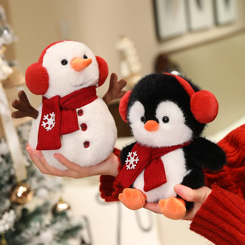 Christmas Penguin Snowman Plush Toy with Scarf Earmuff Soft Stuffed Doll Xmas Home Ornament Cute Holiday Gift for Kids Friends