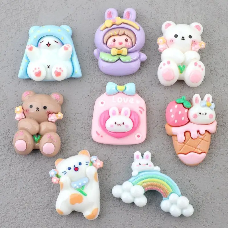 8Pcs Eco-Friendly Rabbit Bear Resin Flatback Embellishments Rainbow Design DIY Craft Supplies for Kids Art Project Decor