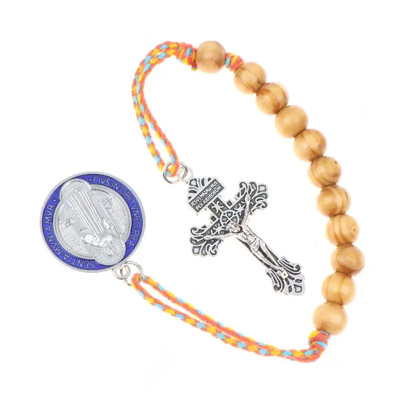 Brauner Holz-Rosenkranz St. Benedikt, handgefertigt, mit Gebetsmedaille, tragbares religiöses Accessoire, Schreibtischdekoration, Geschenk für gläubige Katholiken – Detail 4
