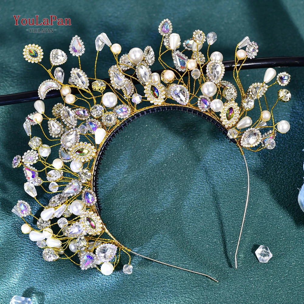 YouLaPan Colorful Rhinestone Crown Wedding Hair Accessories Gold Color Bride Headband Festive Hair Jewelry Headpieces HP844