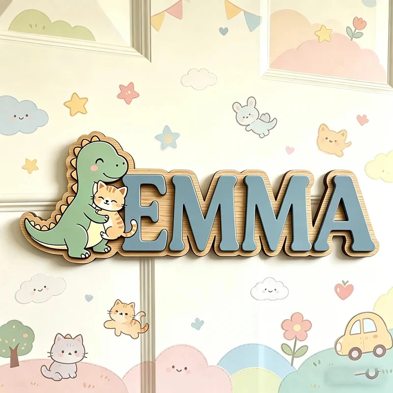 Cute Dinosaur Hugging Cat Custom Name Plaque, 3D Wooden Kids Door Sign, Personalized Nursery Wall Art, Baby Gift