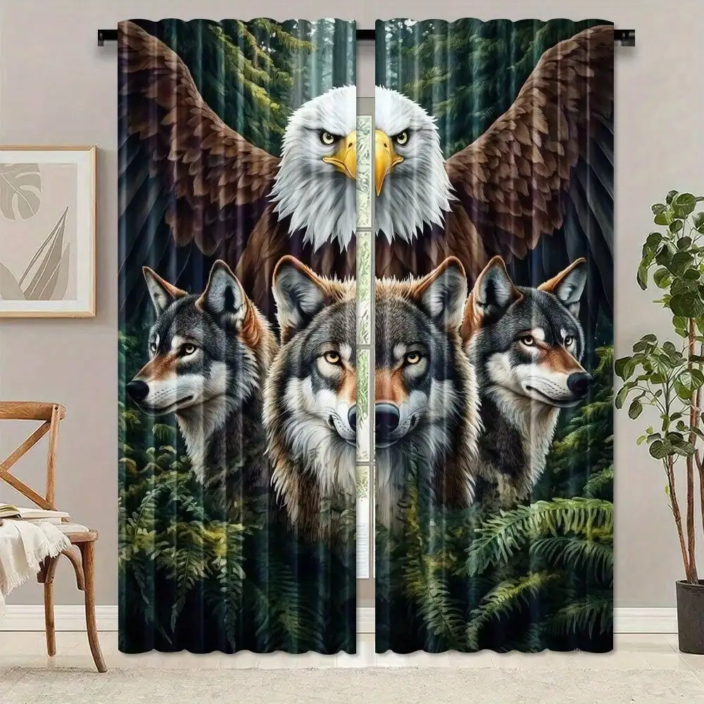 2pcs Eagle & Wolf Print Curtains - Rod Pocket Design, Machine Washable, Semi-Transparent All-Season Decor For Living Room