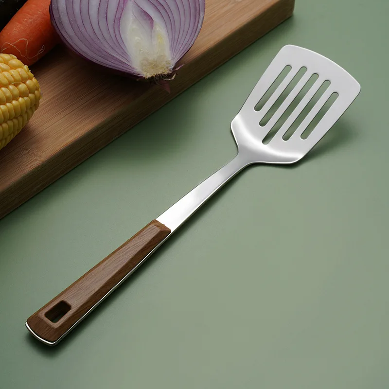 Stainless Steel Cooking Tool Set Wooden Handle Spatula Soup Spoon Restaurant Frying Sharp Shovel Colander Kitchen Utensils