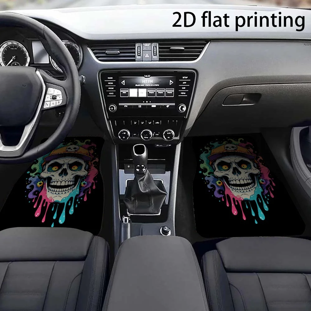 Set Of 4 Car Floor Mats Featuring A Vibrant Skull Design With A Baseball Cap, Made To Last And Easy To Maintain, Fits Most Sedan