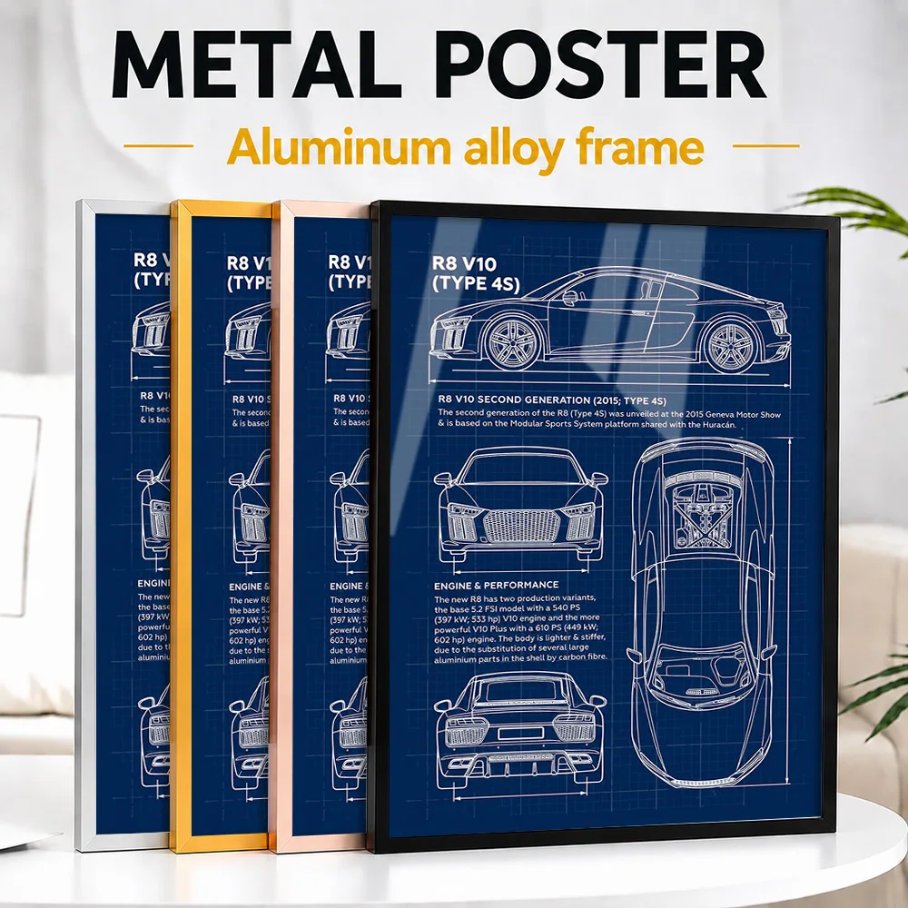 Germany R8 Blueprint Metal Poster With Aluminum Alloy Frame Personalized Photo Technical Reference Style Wall Art For Workshop