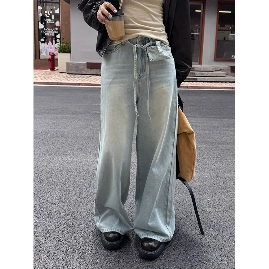 Damskie białe jeansy skinny z wysokim stanem i szerokimi nogawkami, luźne, zwiewne spodnie dżinsowe o prostym kroju do ziemi od Guangzhou Huang Zheng