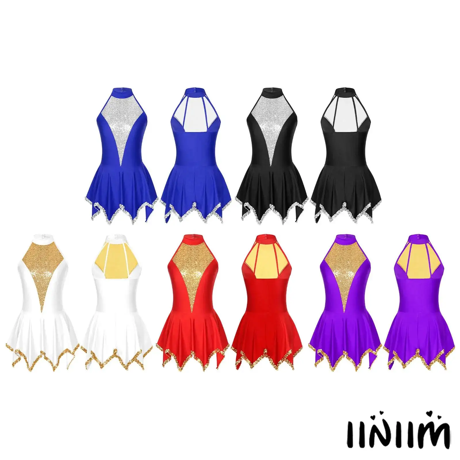 

Sequin Backless Dance Dress for Womens 4 Strap Design with Built-in Shorts for Latin Figure Skating Stage Performances Costume