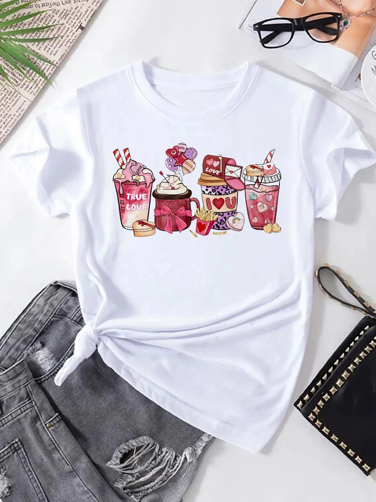 Maycaur Hot Sale Coffee Cup Print Valentine T Shirt Women 90s Harajuku Kawaii Fashion T-shirt Korean Style Top Tee Female Tshirt